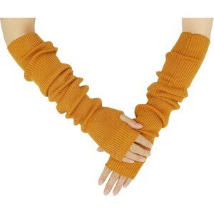 Women's Gold Soft Cozy Arm Warmers Fingerless Knitted Long Gloves Winter